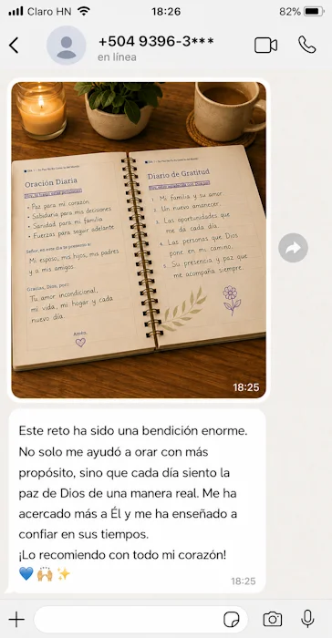 Testimonio del Reto de 30 Días de Oración: diario abierto con mensaje sobre bendición, oración y confianza