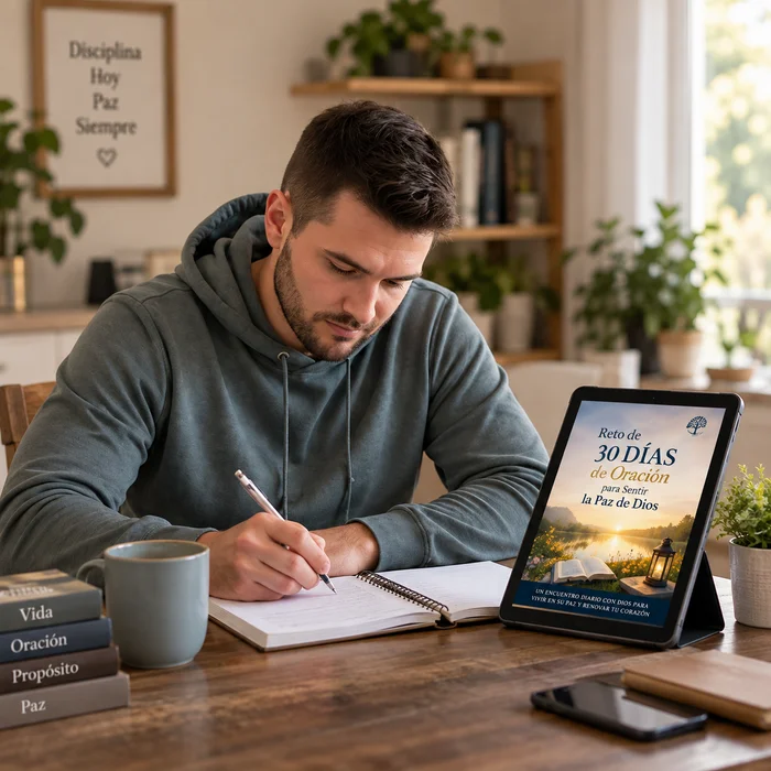 Hombre escribiendo junto al Reto de 30 Días de Oración en una tableta