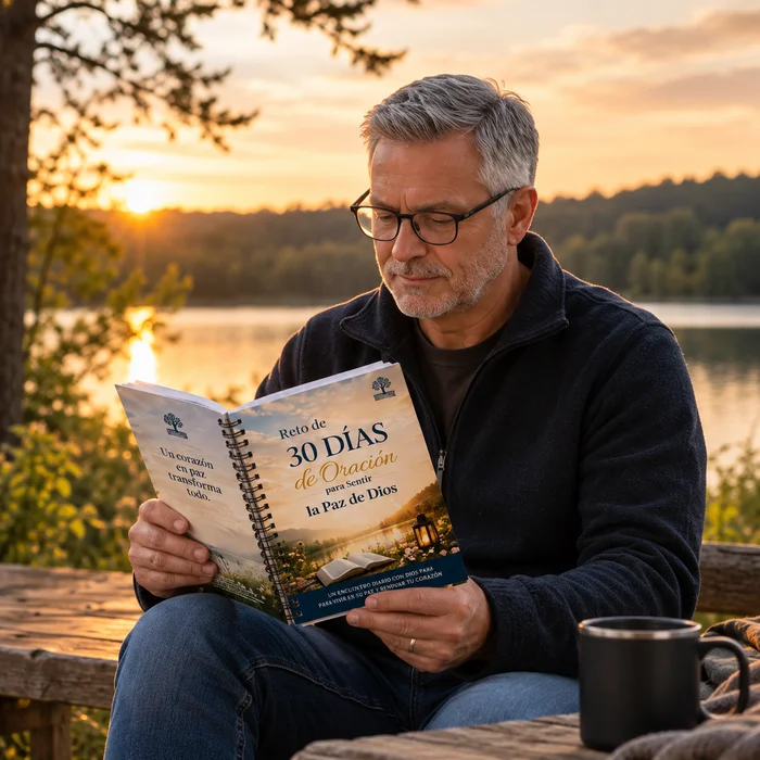 Hombre leyendo el Reto de 30 Días de Oración junto a un lago