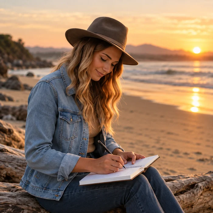 Mujer escribiendo sus reflexiones junto al mar